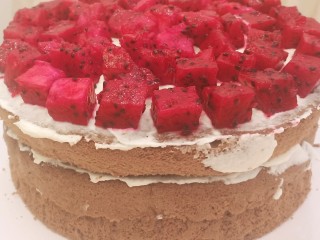 16、艾素糖造型水果蛋糕,蛋糕分成等量的几份，切成圆片。3－4片都可以。如果不够，可以再烤一次。拼凑顺序:蛋糕片＋淡奶油+水果+淡奶油＋蛋糕片，一层层叠加。最顶上一层蛋糕上面不要放水果，直接开始抹面