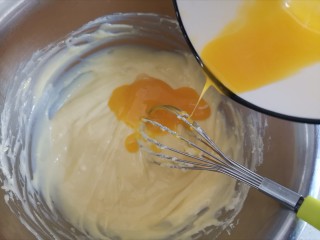 5、圣诞雪花芝士纸杯蛋糕（红丝绒纸杯蛋糕）,3个蛋黄分次加入，每次加入后搅拌均匀至顺滑状态再加下一个蛋黄，继续搅拌均匀至顺滑状态