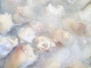 11、海带猪蹄汤,开始炖猪蹄,适量的清水放入猪蹄,放入调味料:姜片、大葱、料酒、胡椒粉、盐!