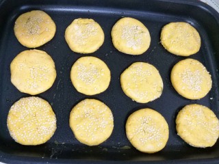 9、奶香南瓜芝麻饼,放入平底锅中，煎至两面金黄。