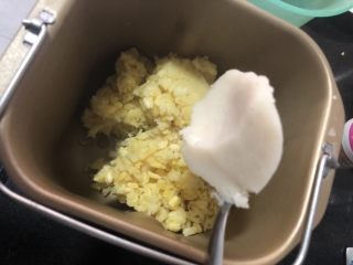 5、自制香糯绿豆馅,把去皮绿豆倒进面包机里，放入猪油
