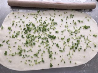 4、葱油花卷,表面抹上一层色拉油,撒点盐,再撒上葱花(如果要做成其它味道的也这个时候加料,如榨菜、肉馅)。