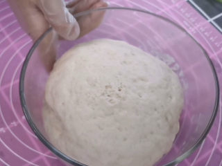 8、梅干菜烧饼,大概两个小时后,面团发酵好了,发酵的很不错,然后就是常规操作,给面团排气。