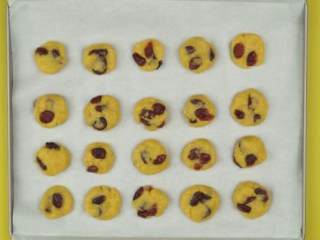 4、蔓越莓奶香小酥饼,取面团15g搓圆，摆入烤盘，稍微压扁，依次做好全部饼坯