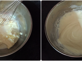 2、轻乳酪蛋糕,奶油奶酪放置常温后,加入牛奶一起隔水加热,搅拌至无颗粒状态。