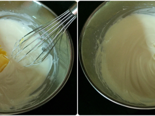 3、轻乳酪蛋糕,加入黄油,搅拌至黄油融化,顺滑无颗粒状态。