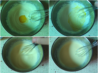 4、轻乳酪蛋糕,将盆从热水中取出,分次加入三个蛋黄,一个一个的加入,加一个搅拌均匀后再加下一个,直至顺滑均匀。