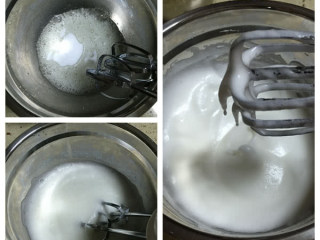 7、轻乳酪蛋糕,蛋清加几滴白醋,分三次加入砂糖,蛋清打发至湿性发泡偏软的状态,5-6分的样子;打发蛋清的时候可以预热烤箱,180度,烤箱下层放盆水。