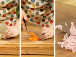 1、土豆泥小饼12m+,芹菜心、胡萝卜、午餐肉切碎末，备用