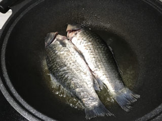 4、奶白鲫鱼豆腐汤,鲫鱼用厨房纸擦干水分,下锅中小火两面煎;