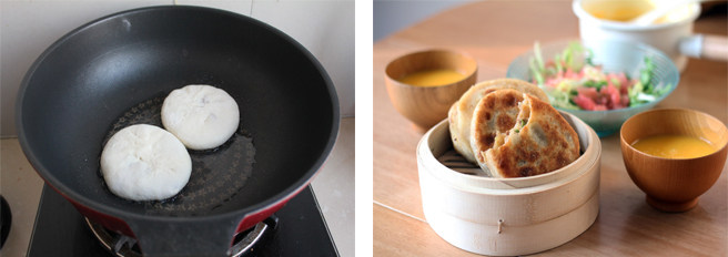 9、香得让人止不住口——猪肉大葱馅饼,放入包好的馅饼,烙熟即可。