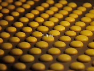 16、香浓蛋奶黄金豆,香浓黄金豆底部的边缘开始上色了，这个时候已经基本熟透了，再过1分钟，待所有的黄金豆底部边缘都已上色，就可以出炉了。