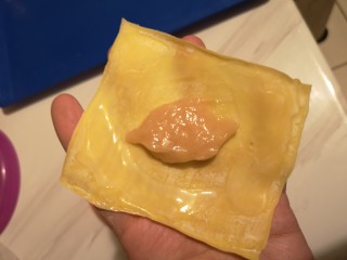 6、鸡肉抄手,像图中那样把肉馅放在中间。