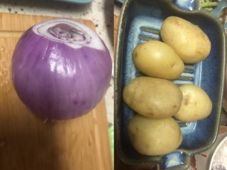 1、可乐饼,洋葱和土豆洗净。这次买了新鲜的土豆,看着都嫩嫩的。