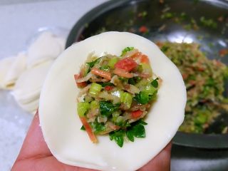 3、冬吃萝卜夏吃姜，不用医生开处方，胡萝卜白萝卜饺子吃起来,左手拿一个饺子皮，放馅收口。