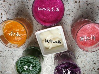 5、五彩缤纷果蔬蝴蝶面&卡通面,西红柿洗干净????和去皮红心❤火龙果用料理机(破壁机)打成泥，直接上图，五颜六色有木有很漂亮呀！