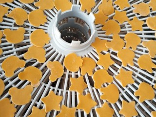 14、五彩缤纷果蔬蝴蝶面&卡通面,我用的是烘干机直接烘干滴，这样比较快(没有的可以放在蒸笼蒸帘上面自然风干)