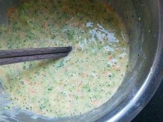 12、西兰花虾饼,搅拌均匀，加盐，胡椒粉调味，（不喜欢或者没有可以不加））搅拌成比较粘稠的糊状。根据状态自行调整，太稠就加一点点水，太稀就再加一点点面粉。