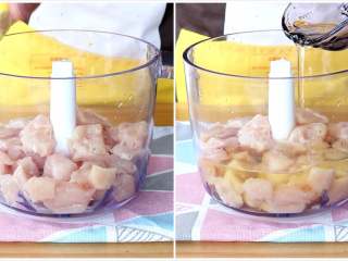 4、多彩小丸子,放入料理机中，挤一些柠檬汁，倒入100g蛋清