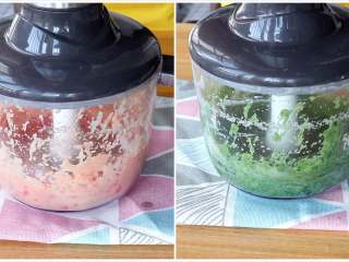 6、多彩小丸子,将搅打好的肉泥分成等量的3份，分别加胡萝卜、白萝卜、菠菜搅打成胡萝卜肉泥、白萝卜肉泥、菠菜肉泥