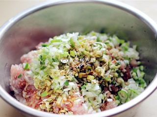 4、西芹猪肉饺子,在五花肉沫中放入葱末,姜末,适量食盐,少许十三香,鸡精,酱油搅拌均匀,酱一会儿