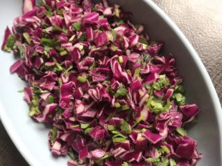 3、酸奶紫甘蓝,放糖 盐 白醋 腌制10分钟左右会出水