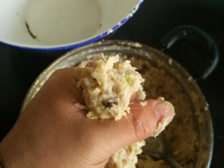 6、鱼肉藕丸,锅内倒入香油，油七八成热的时候，用手挤出丸子状，用小勺挖出放入油锅中