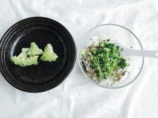 7、春意盎然之西兰花海苔饭团,将西兰花花穗用辅食剪剪碎