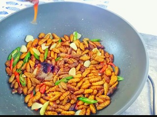 8、韭香蚕蛹,加入耗油、白胡椒粉、酱油、白砂糖、盐、开大火,快速翻炒。