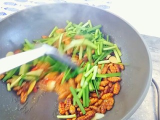 9、韭香蚕蛹,放入韭菜快速翻炒几下,不要炒的时间太长了,韭菜很容易熟。