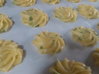 9、植物油香葱曲奇,面糊装进裱花袋，烤盘内铺油纸，均匀的挤在烤盘里