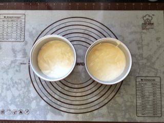 14、圣诞咖啡奶油蛋糕,14、将蛋糕糊分别倒入到两个学厨四寸模具中。