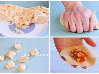 1、杂蔬鱼肉生煎包,面团发酵好，将气排尽。分成8个20克面团，裹上包子馅。食材给的就是8个包子的量。也就适合一家三口吧。