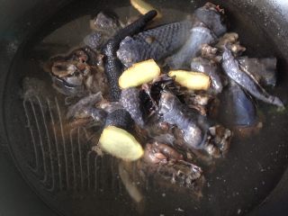 8、党参虫草乌鸡汤,鸡块儿冷水下锅，放入姜片