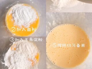 3、宝宝版午餐肉,将鸡蛋打散，分别加入玉米淀粉，面粉和50毫升清水，搅拌均匀备用