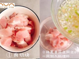 4、宝宝版午餐肉,肉洗干净后切块，连同葱姜蒜泡的水一同倒入料理杯中