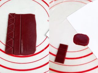 10、小猪曲奇,取红色面团擀成薄片,切成小三角形做猪猪耳朵,小长方形做猪的鼻子,长方形四个角还可以切掉,类似椭圆形。