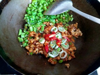 15、酱香肉沫四季豆,加入干红辣椒翻炒