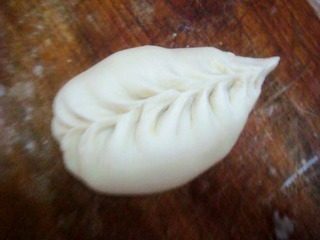 7、猪肉豆角大包子,我把另一半包成了海参包子，取一个面皮，放入肉馅，从一头两侧捏成均匀的褶子即可