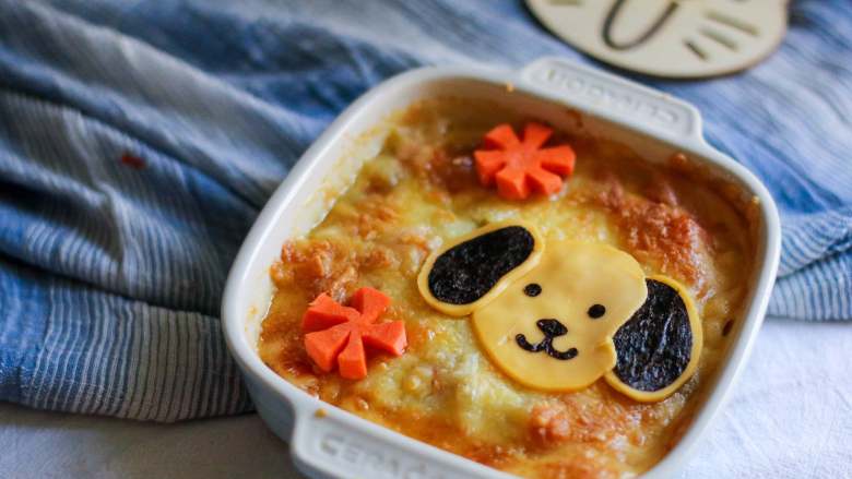 小狗烤鲜蔬焗土豆泥宝宝辅食牛奶玉米毛豆番茄马苏里拉奶酪