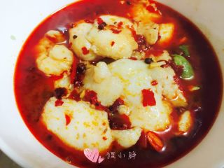 9、麻辣鱼片儿,滚熟的鱼片捞起来放在生菜上。倒进去一部分汤汁,刚刚盖住鱼片即可