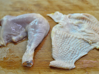 5、香菇焖鸡腿,鸡腿撕去皮（喜欢吃皮的可以留着哈）