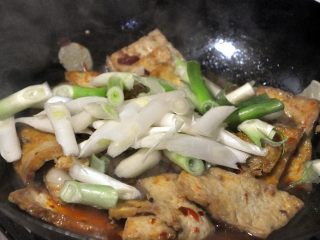 11、红烧豆腐---两面黄, 汤汁收得差不多的时候，倒入大葱段，翻炒入味即可起锅装盘。