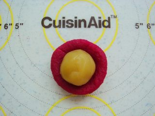 10、莲蓉花朵和果子,取25克红色面团揉圆按扁，放入10克的莲蓉馅。