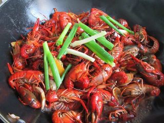 9、香辣小龙虾,然后加入葱段、一碗水盖上锅盖煮至汤汁浓稠
