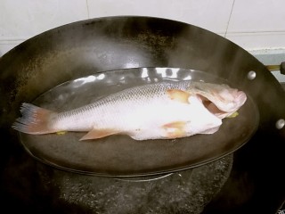 8、粤式清蒸鲈鱼,锅里烧开水，放入鲈鱼，盖盖子蒸7分钟。