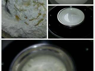 2、冰皮绿豆仁月,将1支250g牛奶倒入粉中、加入白糖与玉米油混合均匀至完全溶解于液中、再次锅中加点水煮开后放入粉液、我用个碟盖住口也可用保鲜膜、加盖蒸10分钟即可!(在蒸、过程中时不时打开盖子用筷子翻开粉桨等它充分熟透)