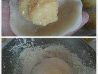 6、冰皮绿豆仁月,将一个面团压扁、包入绿豆馅、慢慢向上推收口、包好的放在炒熟粉中粘一下。