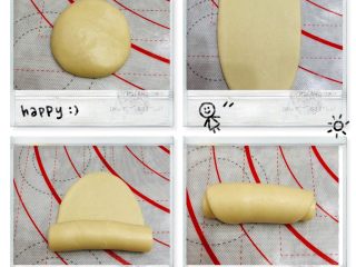 12、酥到掉渣的豆沙蛋黄酥，你要来一个吗？,拿起一个包好的面团，压平，擀开，卷起，如图所示。全部擀好后盖保鲜膜松弛20分钟。