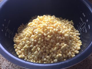 1、家庭自制绿豆糕,一晚上的浸泡，绿豆，已经泡发了，泡发的绿豆，放入电饭煲内胆中；